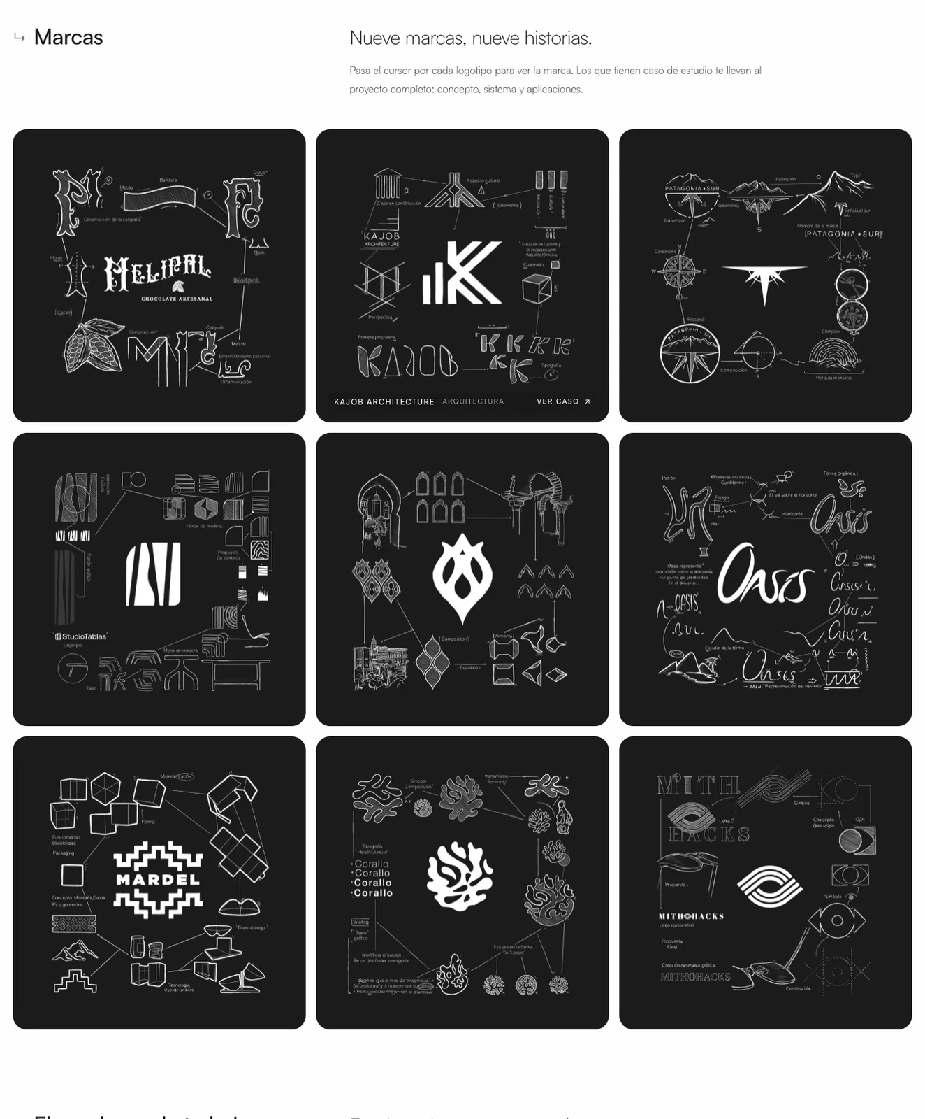 Grille du logofolio avec les croquis de neuf marques en blanc sur noir