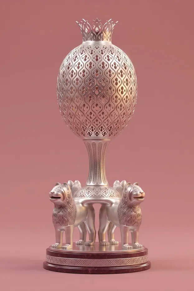 Trofeo en forma de granada coronada sobre leones