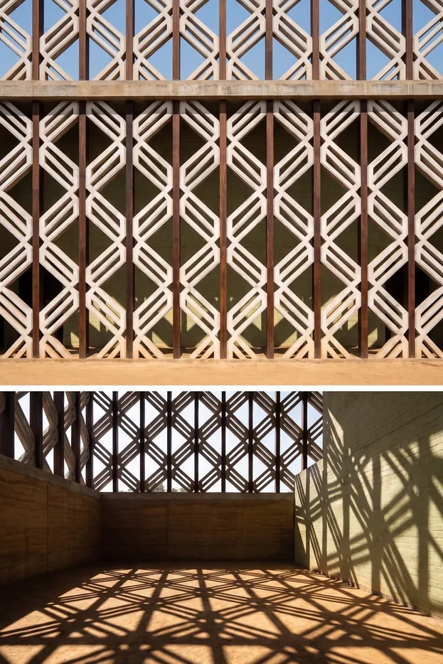 Celosía con el patrón de K proyectando sombras en un patio, imagen generada con IA