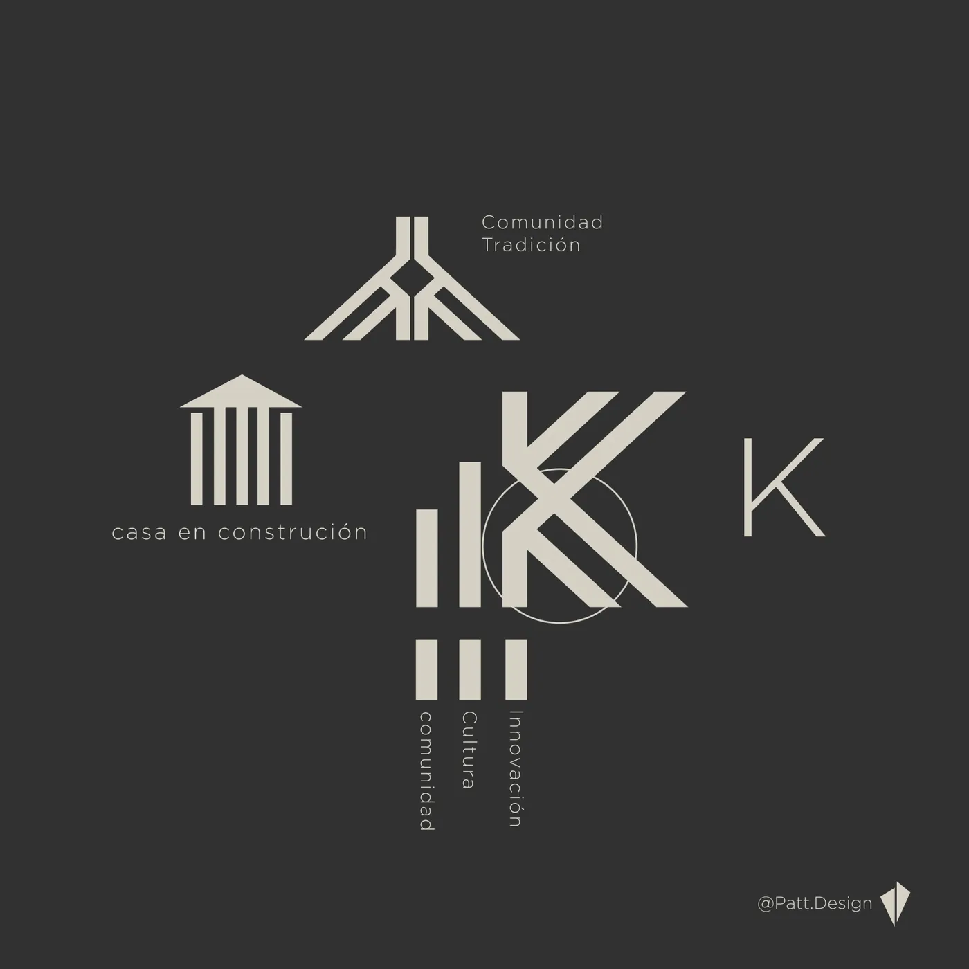 Construcción del símbolo de Kajob: tejado, columnas, barras y la K