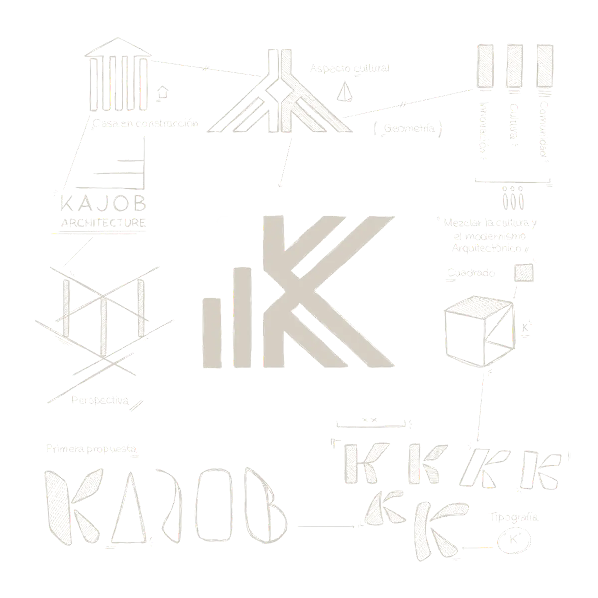 Logo concept de Kajob Architecture: boceto con la casa, el cubo, la perspectiva y la K