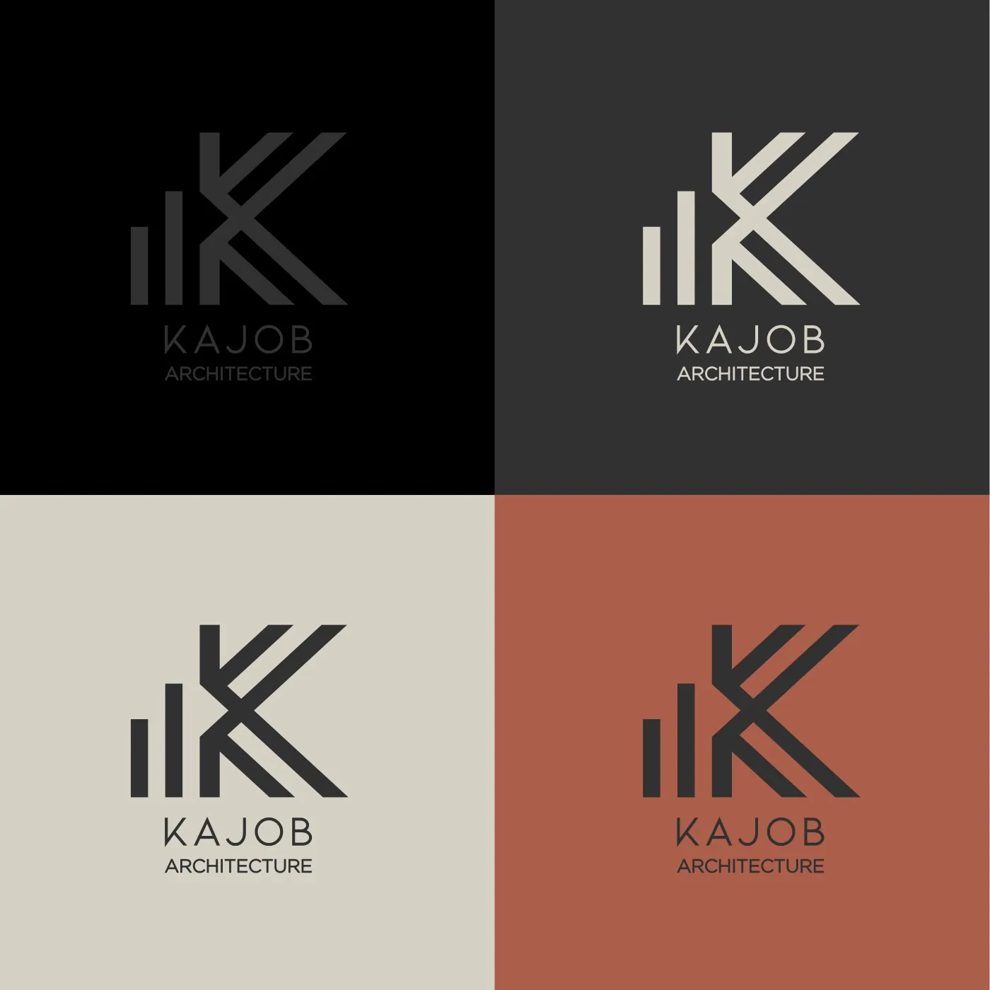 El logotipo de Kajob sobre negro, grafito, piedra y terracota