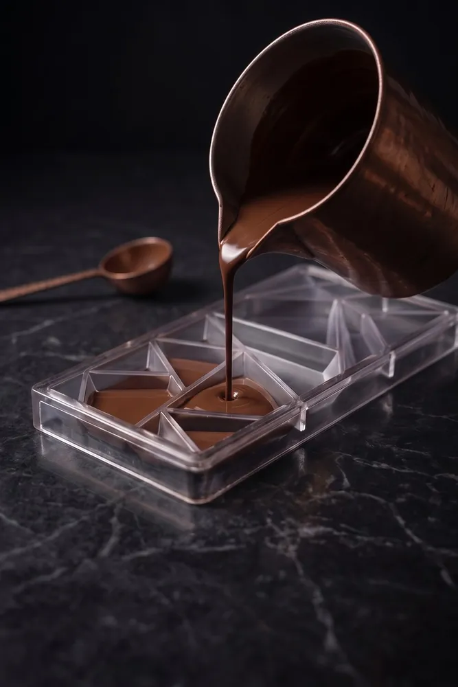 Chocolate fundido vertido en molde, imagen generada con IA