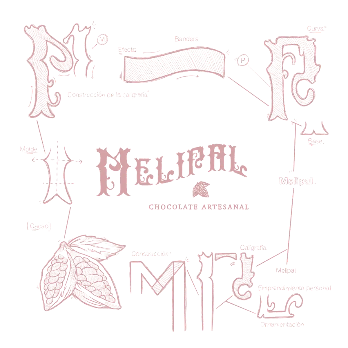 Logo concept de Melipal: boceto de construcción del logotipo con caligrafía, molde, bandera y cacao