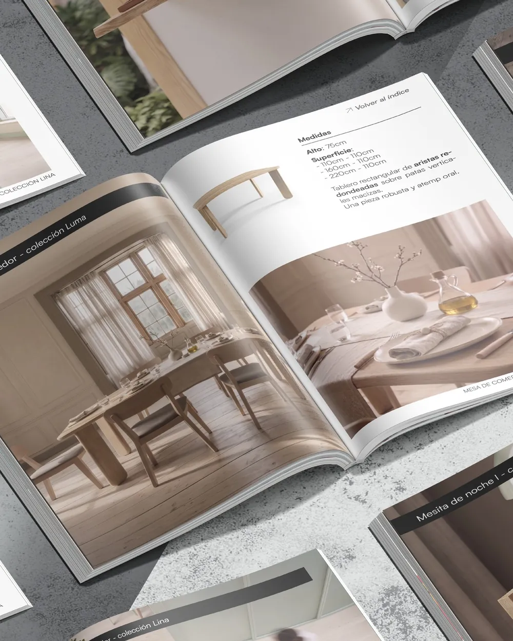 Catalogue spread with a solid wood dining room
