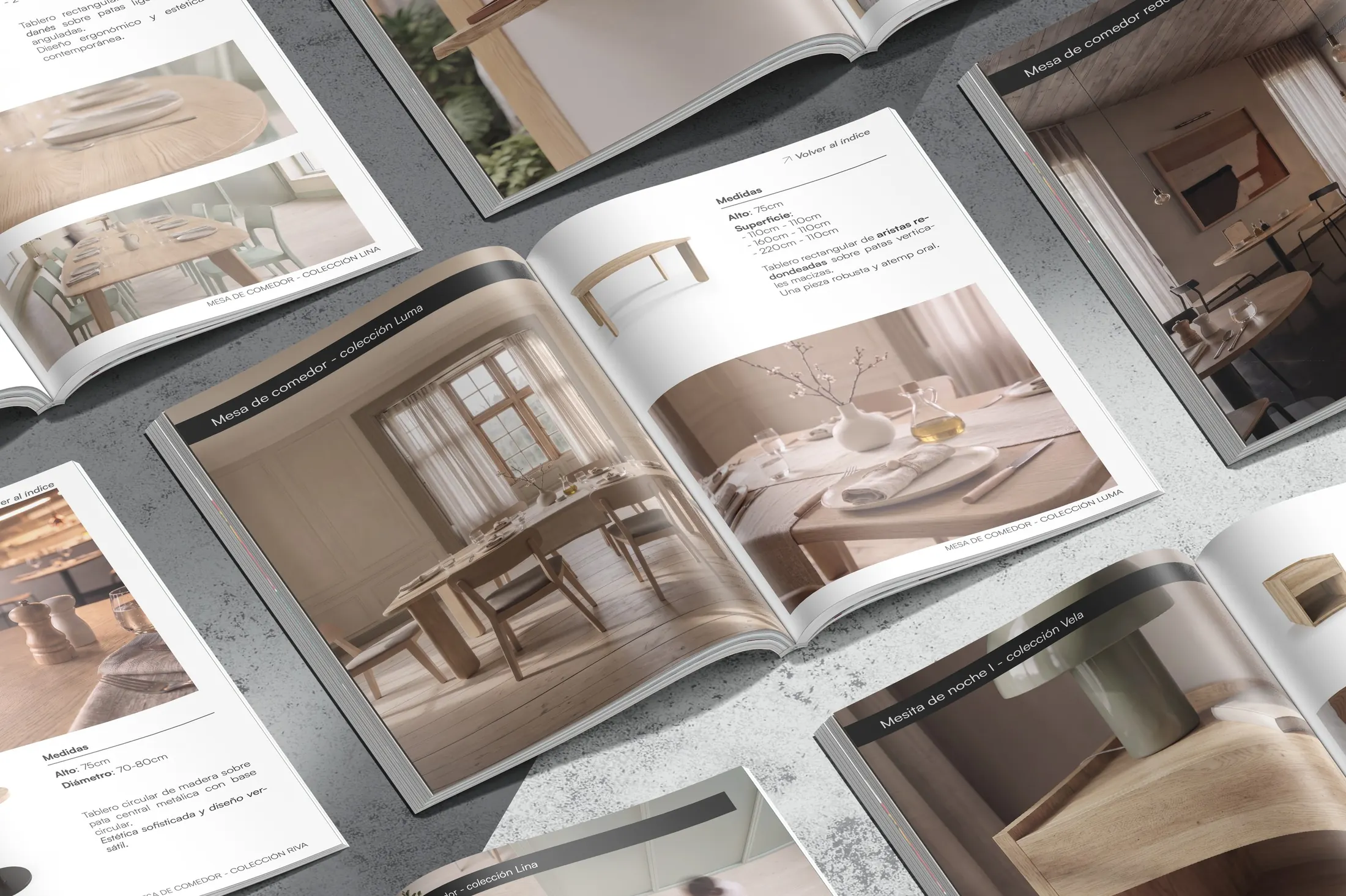 Studio Tablas catalogue pages with solid wood room settings