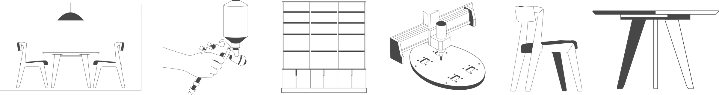 Line illustrations of the workshop's services: dining, lacquering, shelving, CNC machining, chairs and tables