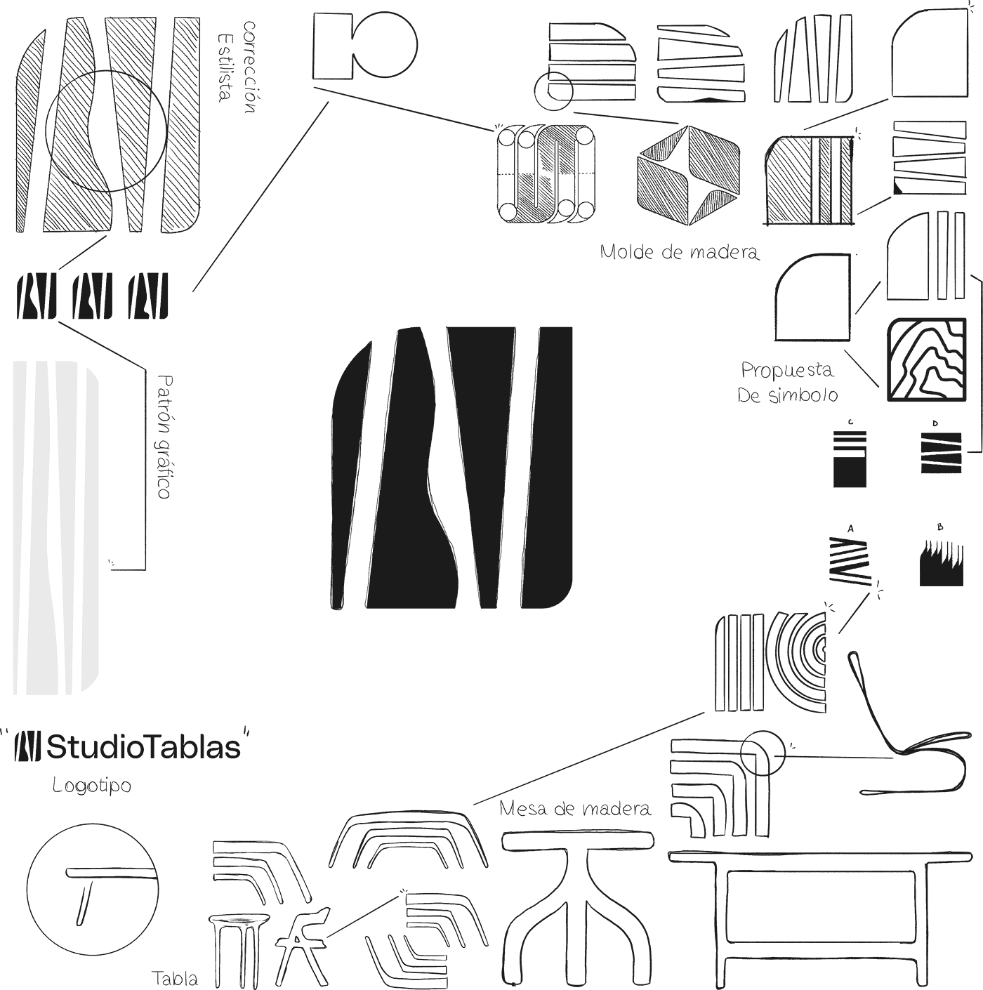 Studio Tablas logo concept: sketch with the plank, the wooden mould, the graphic pattern, the symbol proposals and the tables