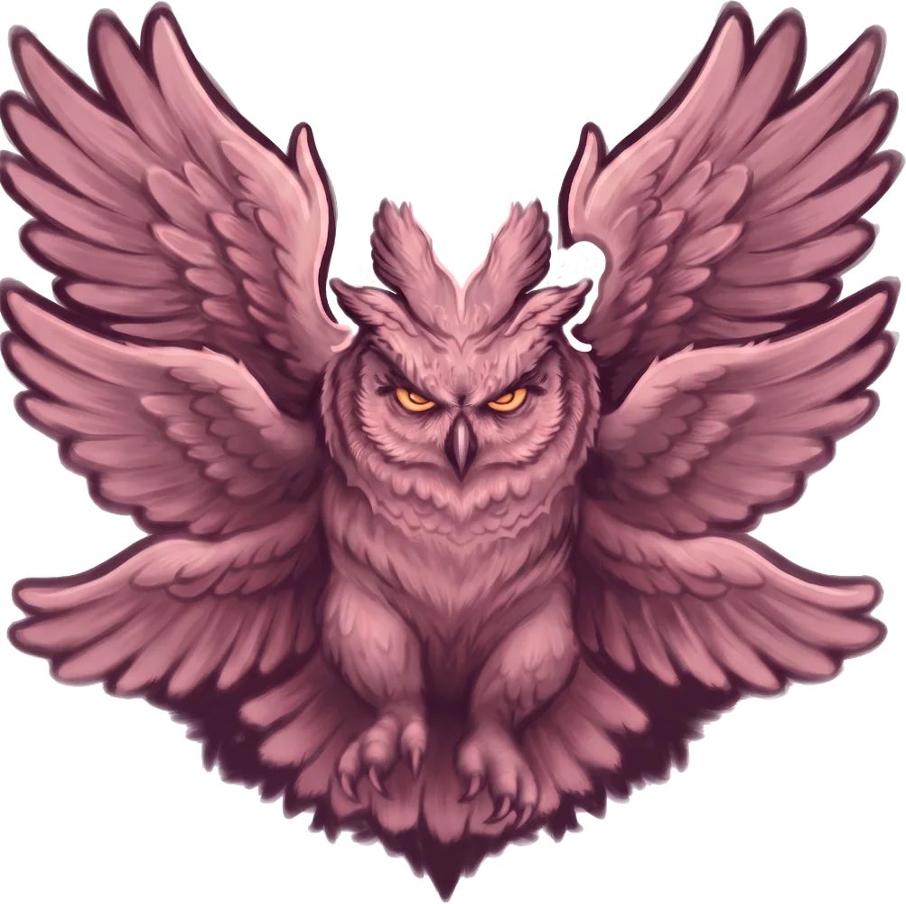 Búho con las alas abiertas en tonos rosa, ilustración del tótem