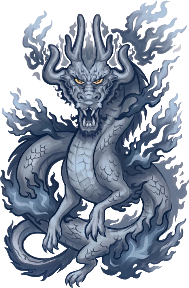 Dragón azul con llamas, ilustración del tótem