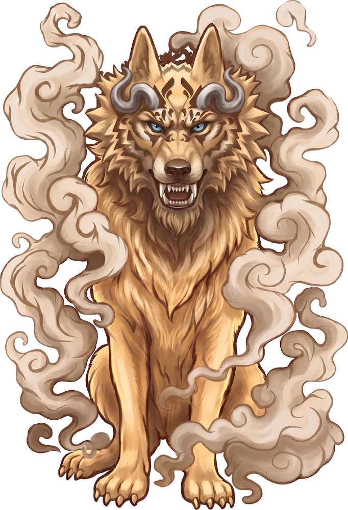 Lobo dorado con cuernos entre humo, ilustración del tótem