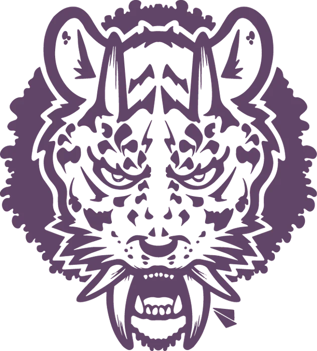 Emblema plano del tigre de dientes de sable en violeta