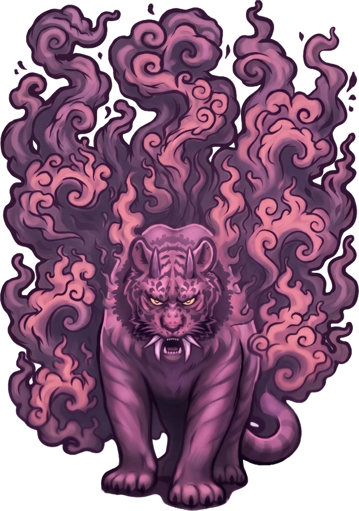 Tigre violeta entre humo, ilustración del tótem