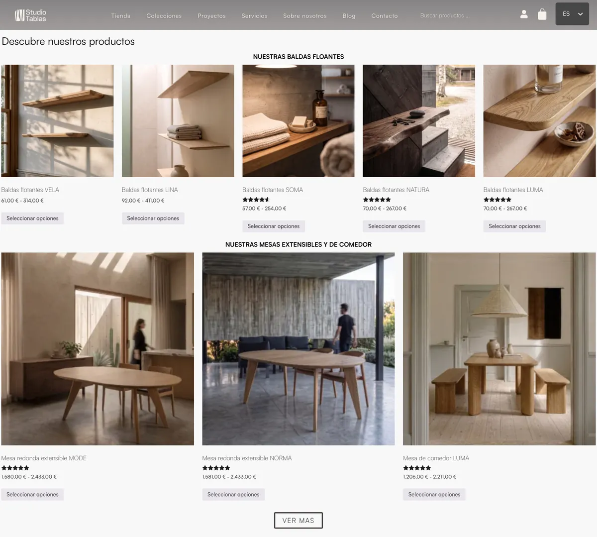 Página de inicio de studiotablas.com con baldas y mesas de madera maciza