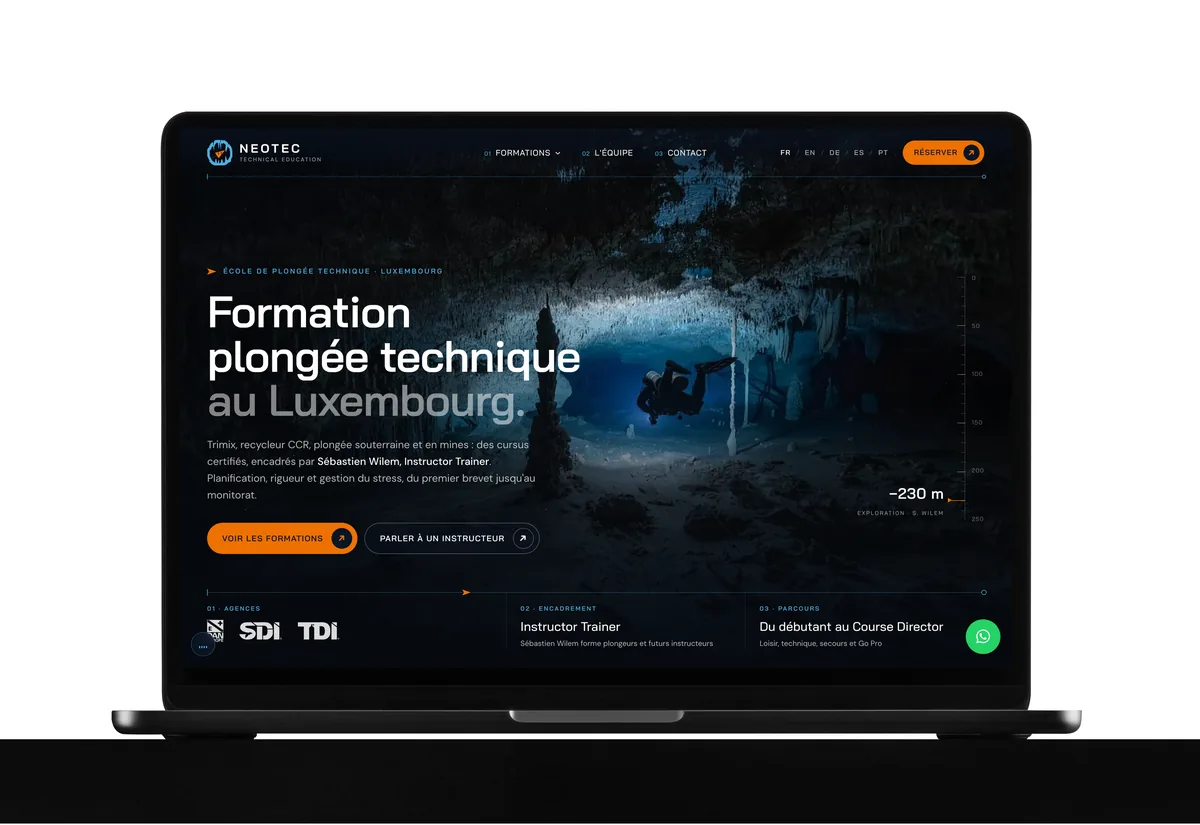 Ejemplo de web corporativa: web de Neotec, escuela de buceo técnico, en un MacBook