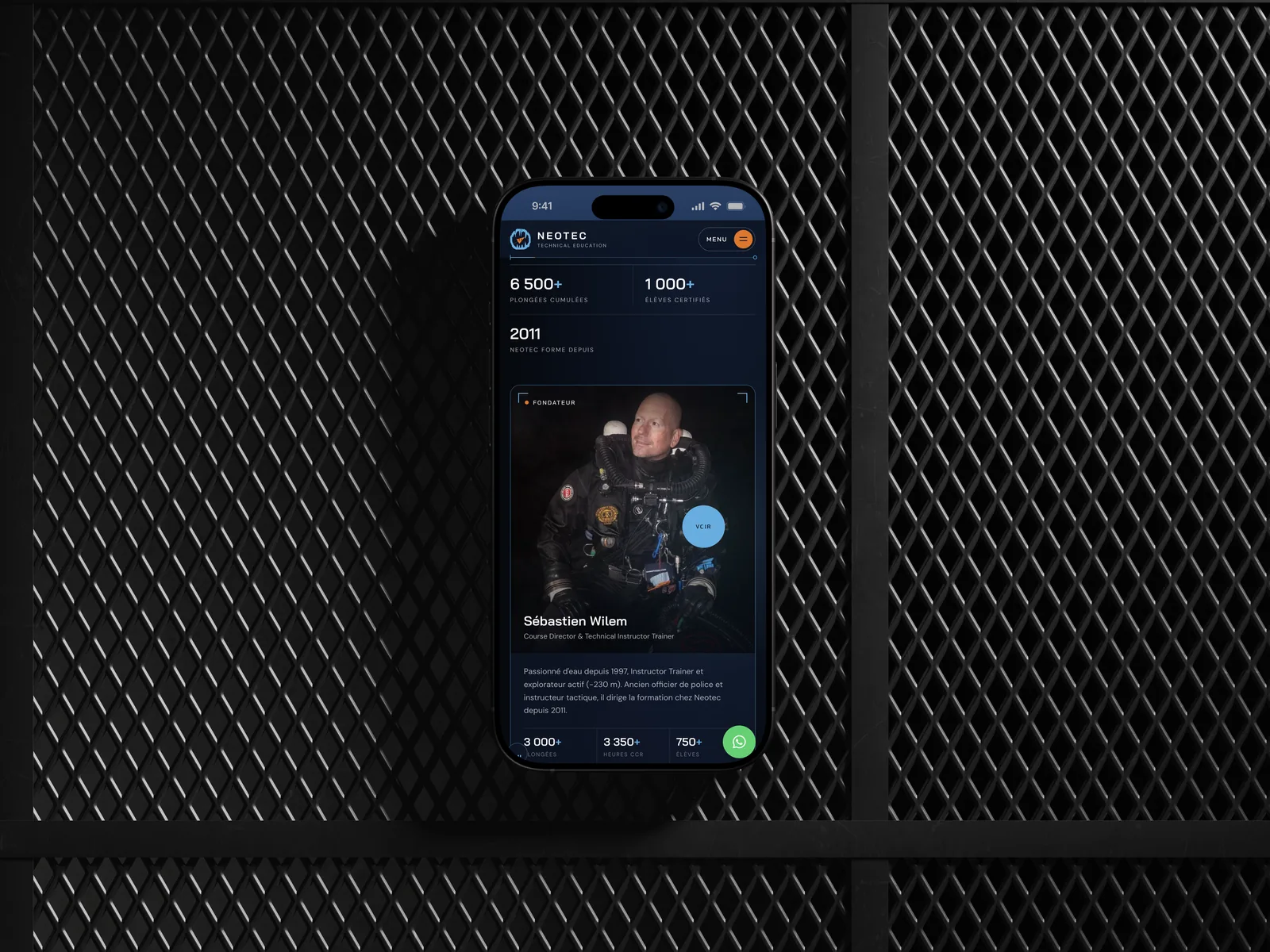 Neotec website on a phone showing the academy's key figures