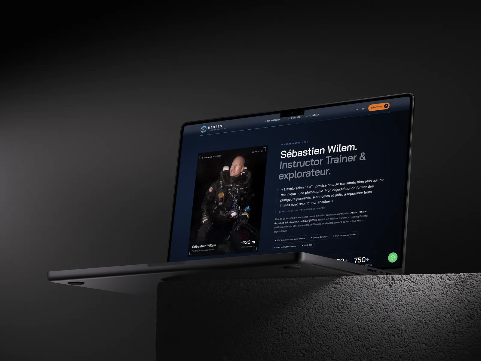 Page about Neotec's founder, Sébastien Wilem, Instructor Trainer and explorer, on a laptop