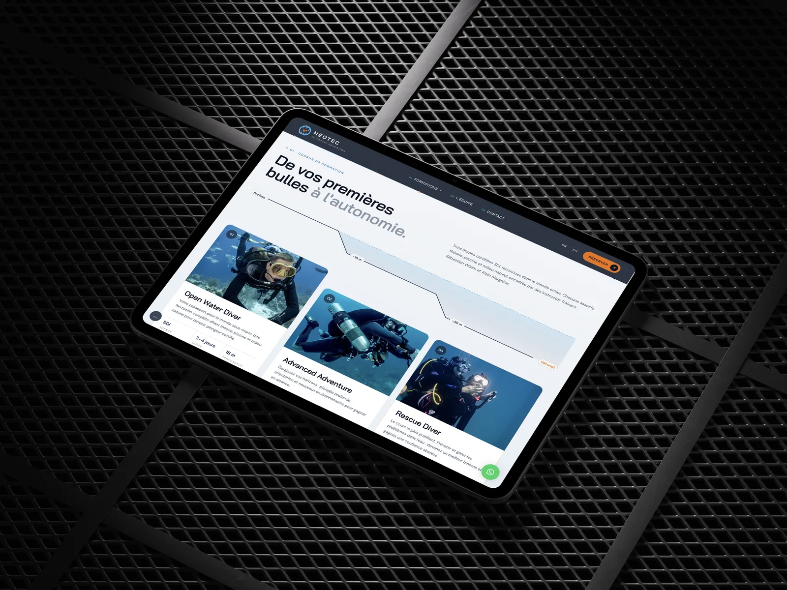 Neotec recreational diving page on a tablet: from the first bubbles to independence