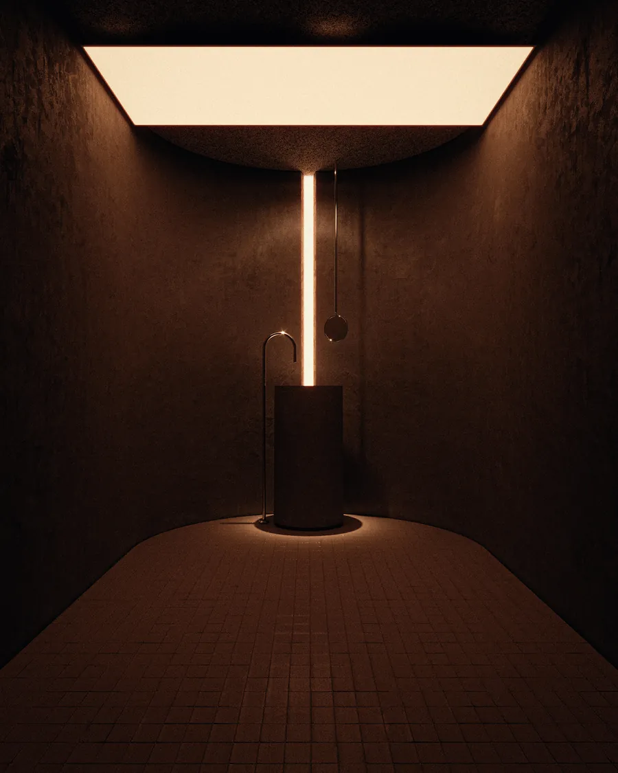 Render 3D de pocoestudio: habitación oscura con una columna de luz cenital