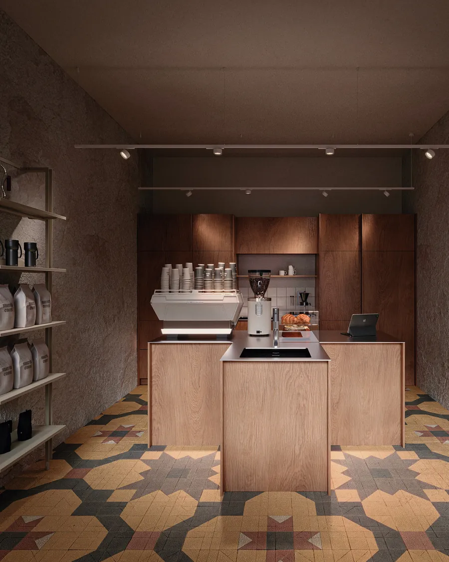 Render 3D de pocoestudio: barra de cafetería con suelo hidráulico
