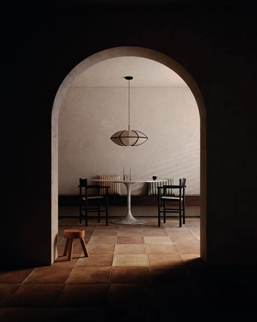 Render 3D de pocoestudio: comedor visto a través de un arco