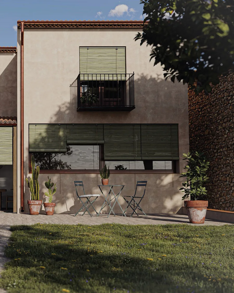 Render 3D de pocoestudio: fachada de una casa con jardín