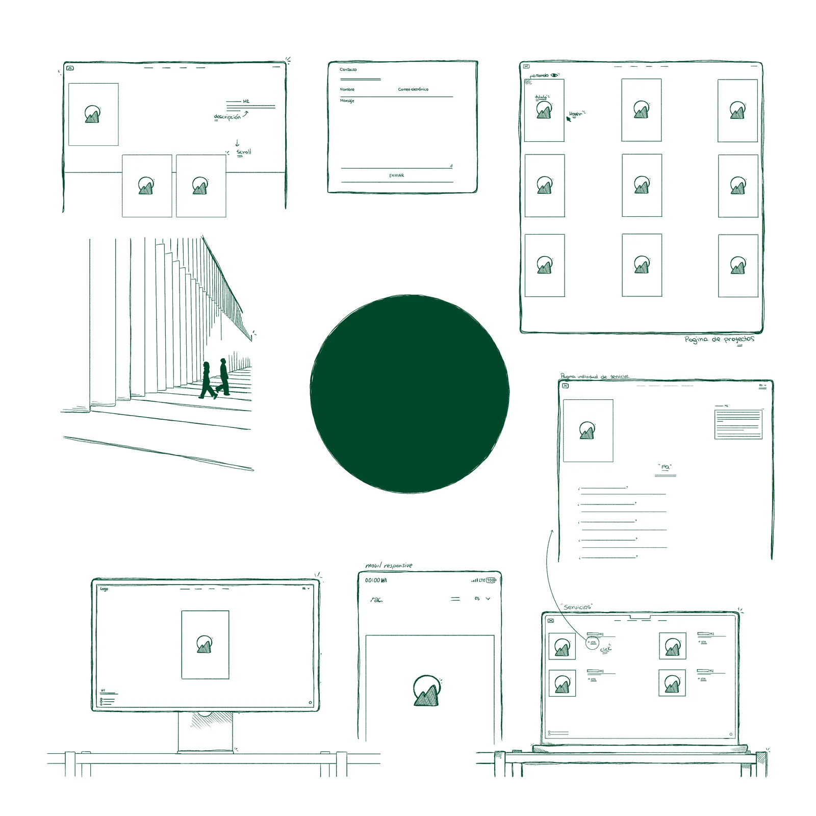 Web.concept de pocoestudio: wireframes dibujados a mano de las páginas de la web en ordenador y móvil