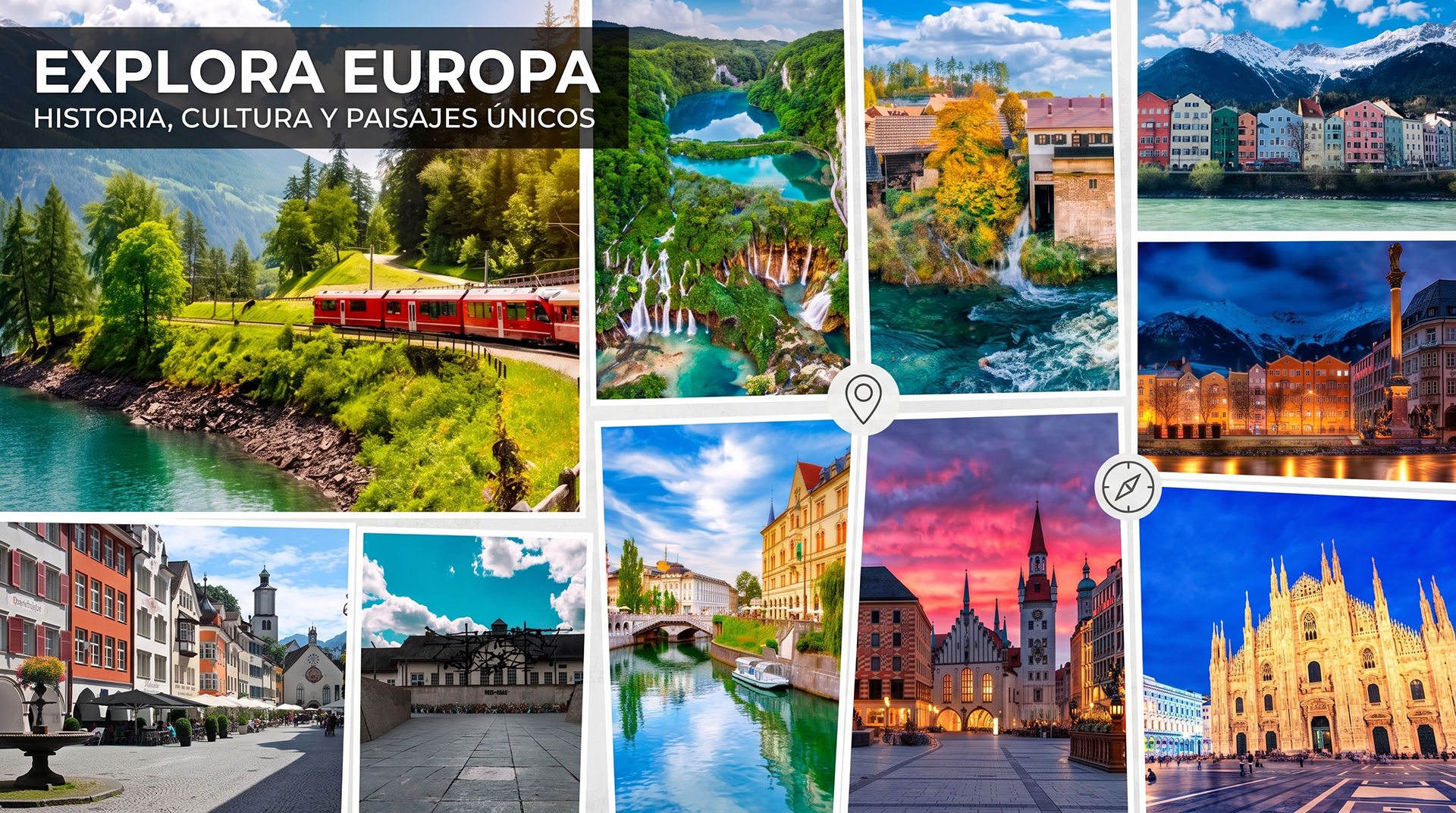 Explora Europa: collage con el Bernina Express, los lagos de Plitvice, Rastoke, Innsbruck, Feldkirch, Dachau, Ljubljana, Múnich y Milán