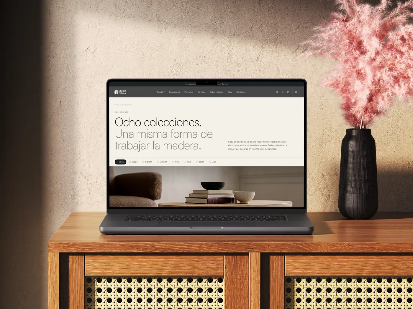 Studio Tablas collections page on a laptop: eight collections, one way of working the wood