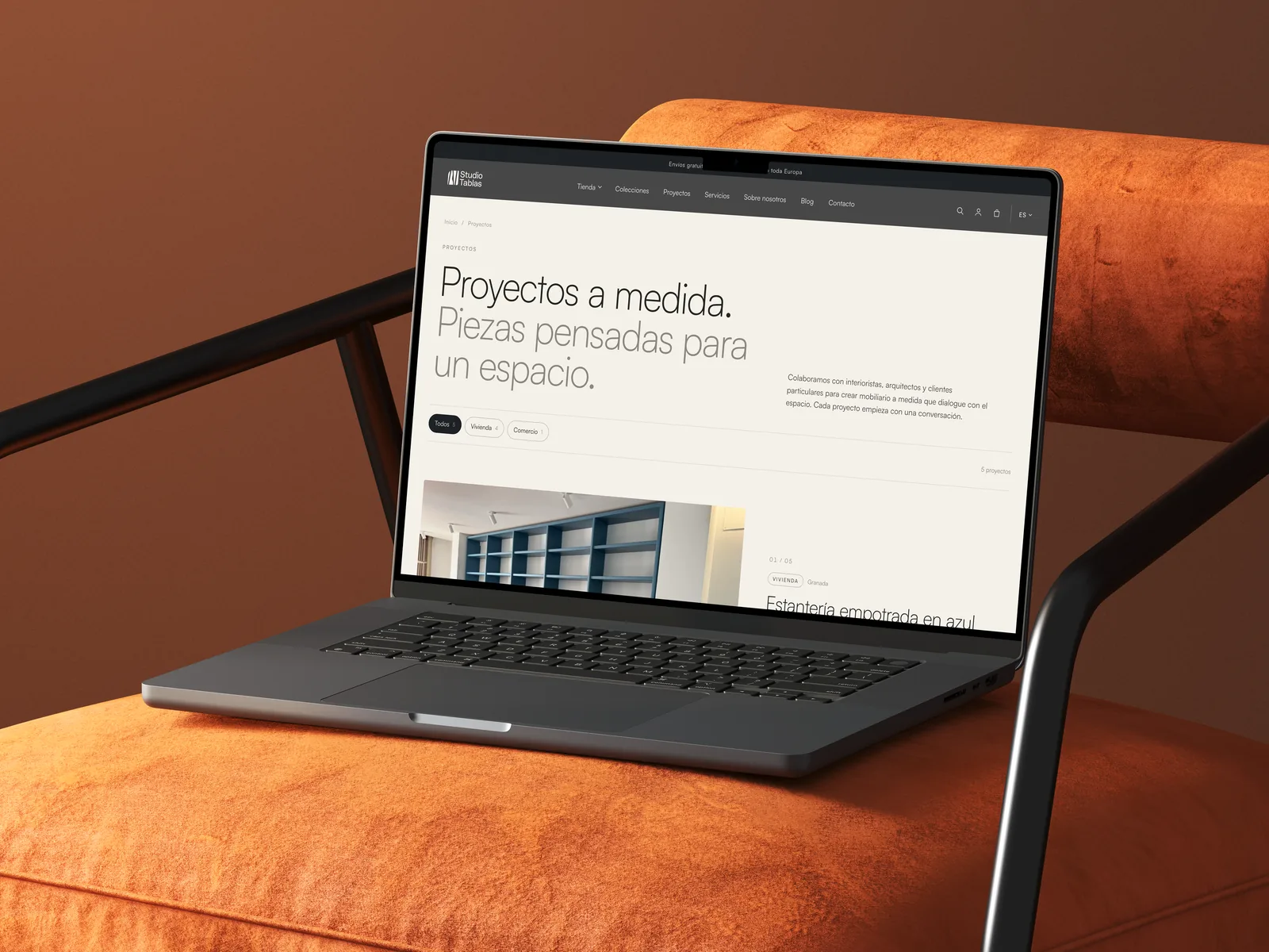 Studio Tablas custom projects page on a laptop: pieces designed for a space