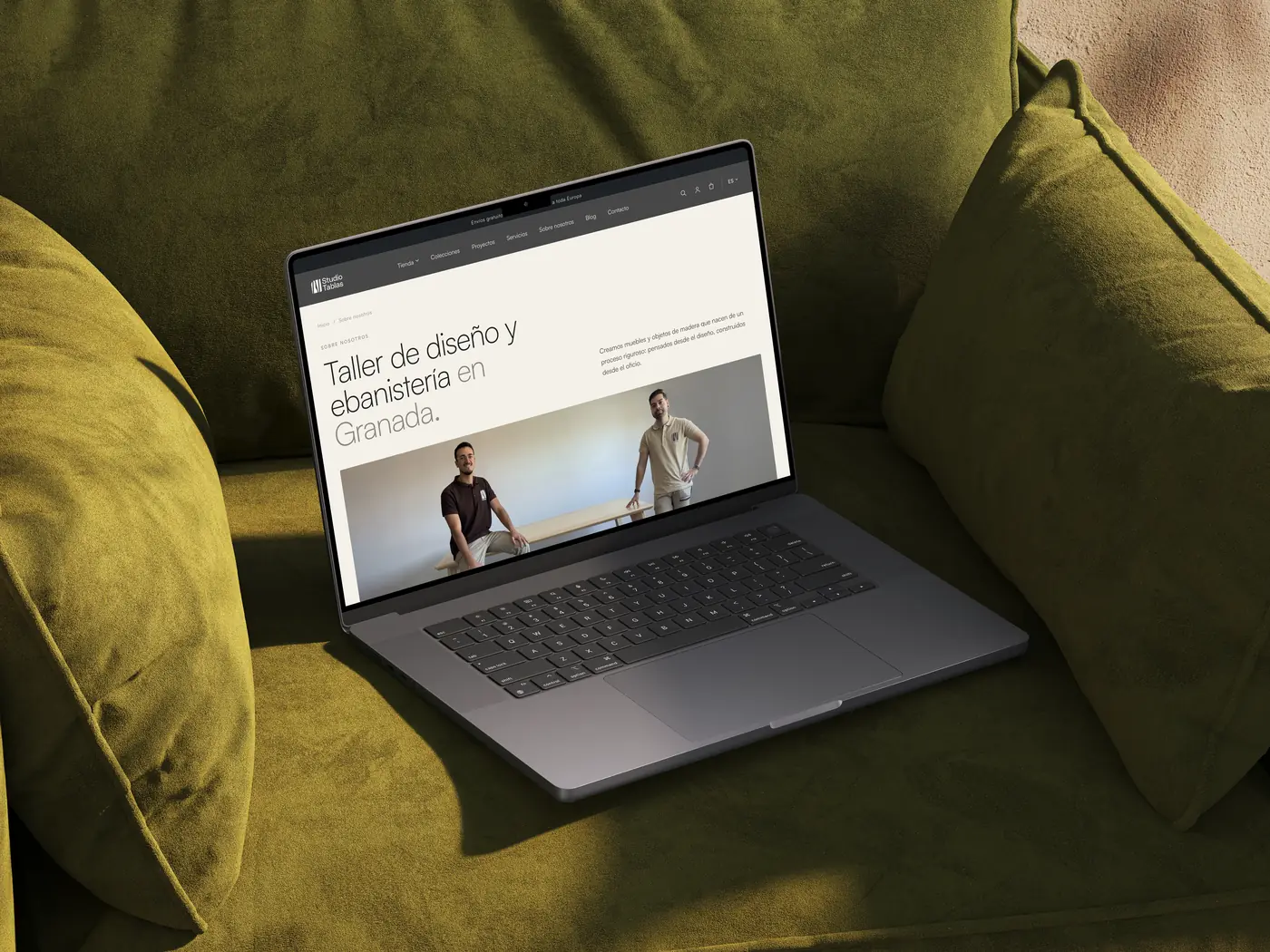 Studio Tablas About us page on a laptop: a design and cabinetmaking workshop in Granada