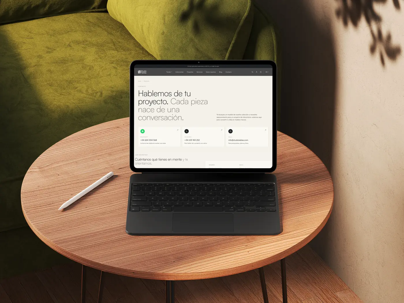 Studio Tablas contact page on a tablet: let's talk about your project