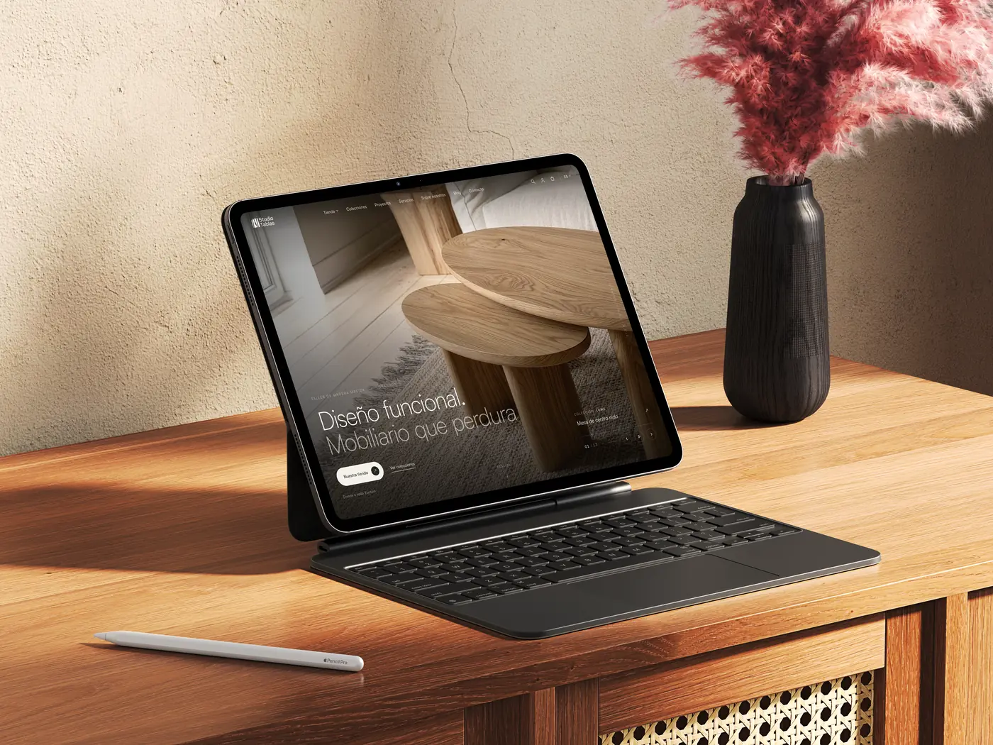 studiotablas.com home page on a tablet on a wooden sideboard