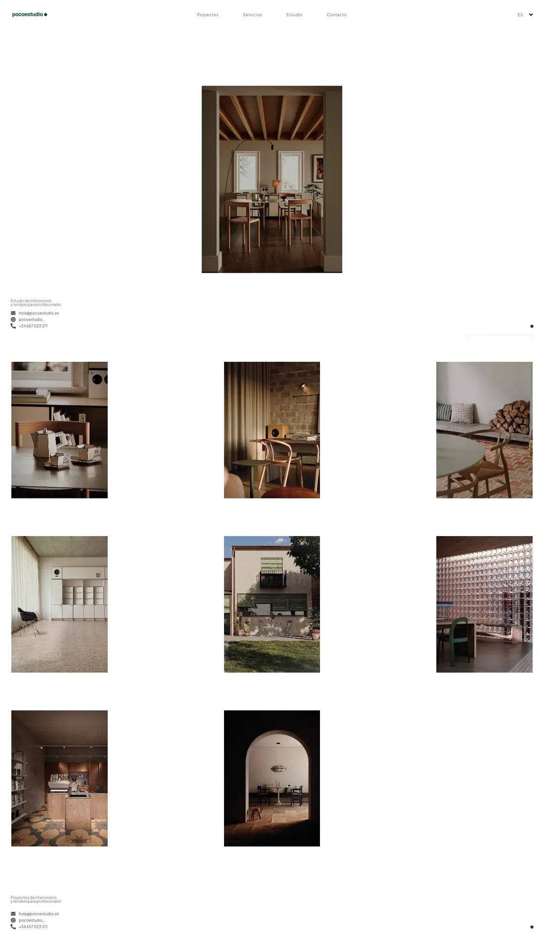 Web de pocoestudio en ordenador: portada minimalista y portfolio de renders de interiorismo