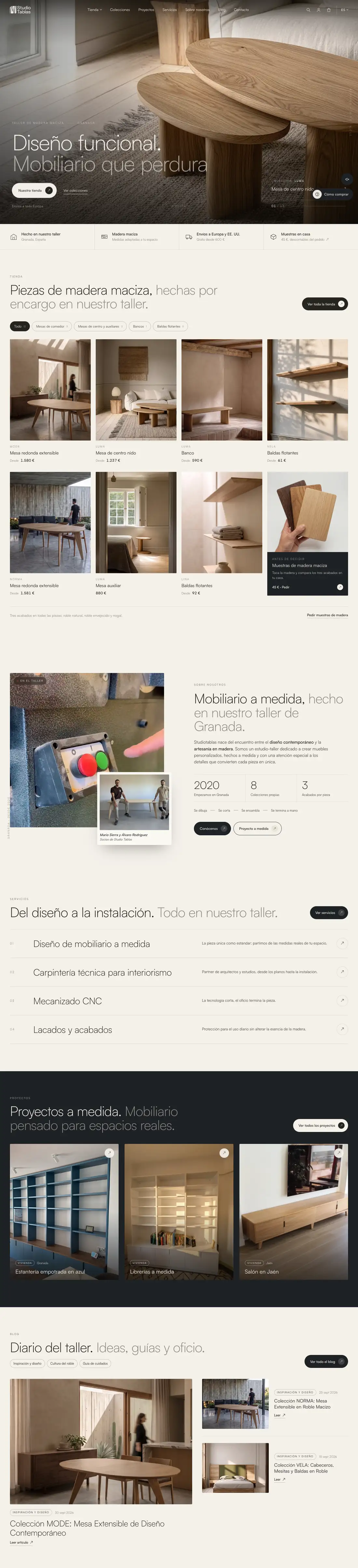 Web de Studio Tablas en ordenador: portada, tienda de madera maciza y proyectos